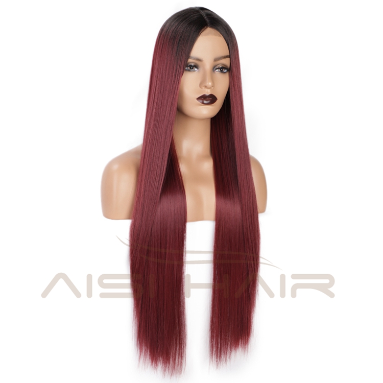 Aisi Hair Long Silky Straight Ombre Wine Synthetic Fiber Wigs For Black Women Long Middle Part Machine Made Synthetic Wigs