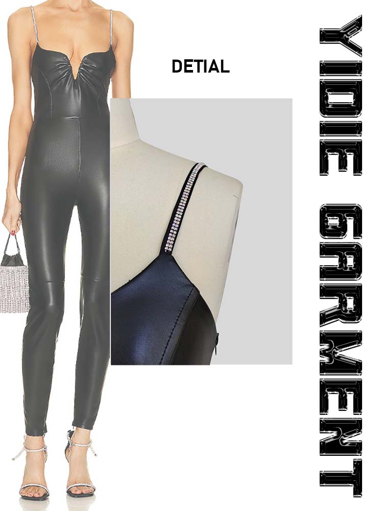 Glanzende verstelbare lusband faux lederen slanke jumpsuits