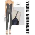 Shiny Adjustable Loop Strap Faux Leather Slim Jumpsuits