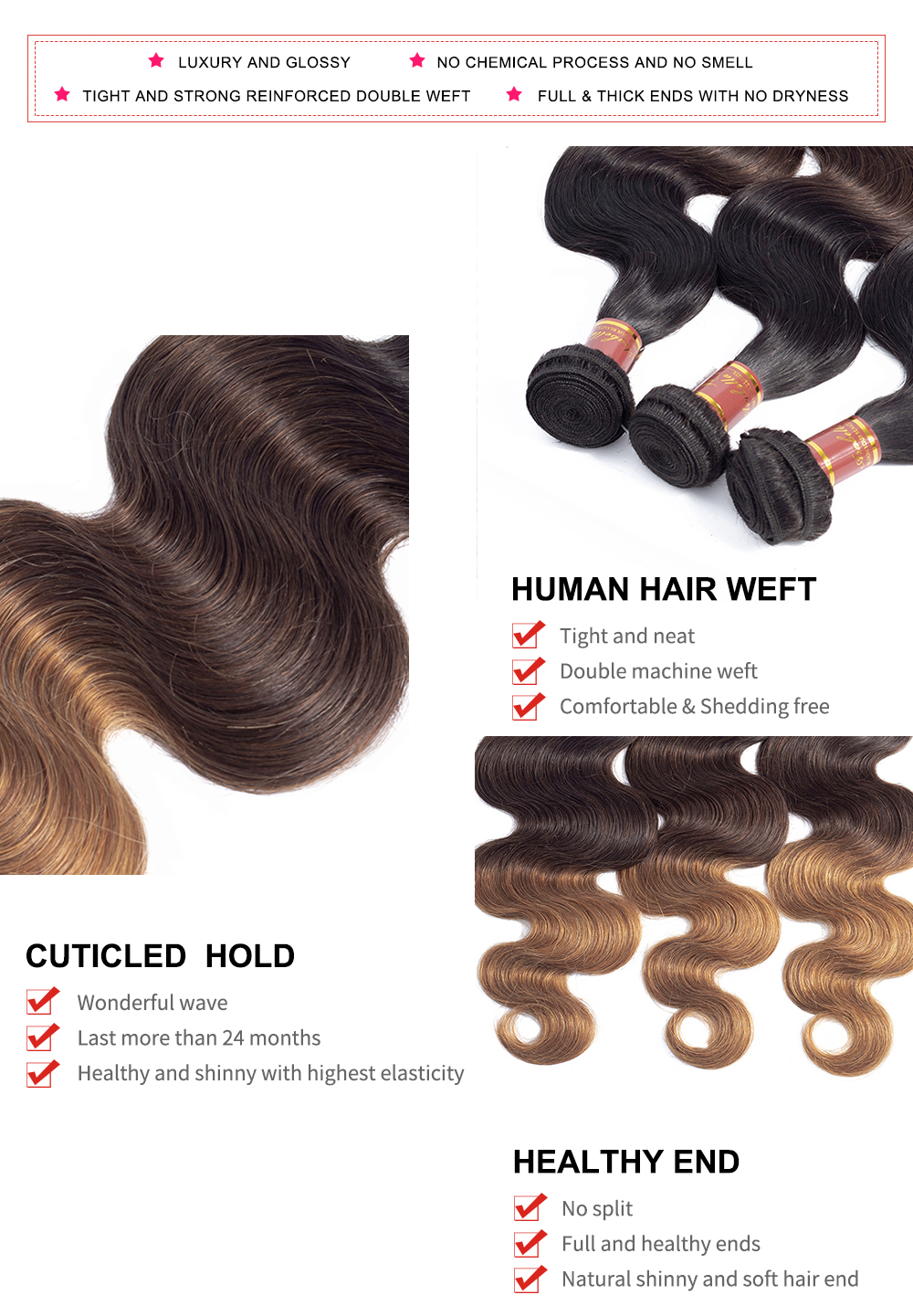 Single Donor Drop Shipping Cabello Humano Body Wave T1B/4/27 Ombre Color Peruvian Body Wave Raw Virgin Hair
