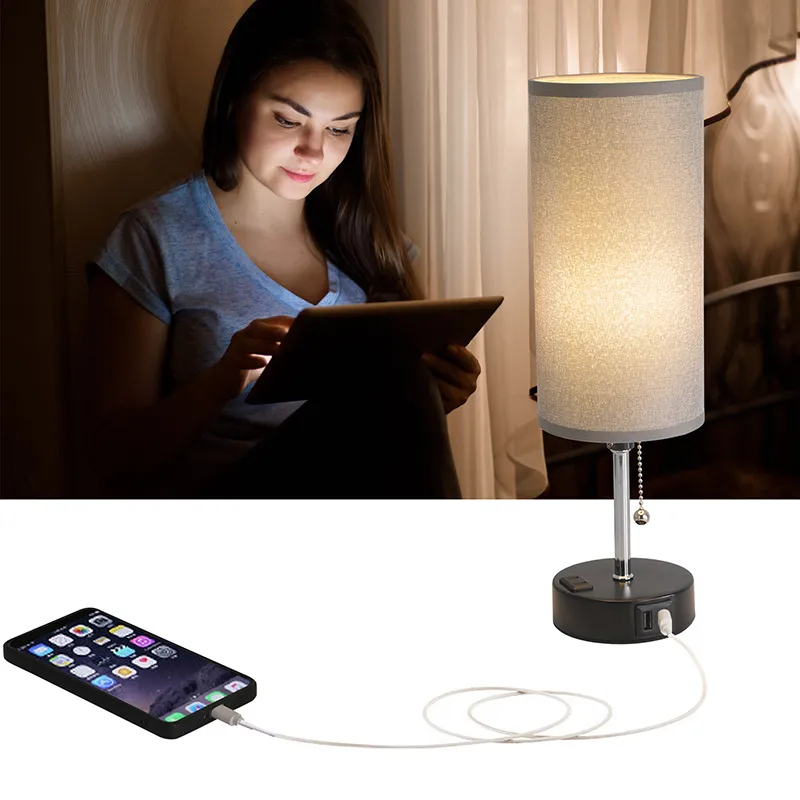 Three-Color Adjustable Dimmable LED Bedroom Lamp with USB Charging