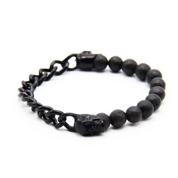 Black Vocalnic Lava Stone Bead Chain Steel Franco Chain Bangle Bracelet Vintage Skull Charm, Mens