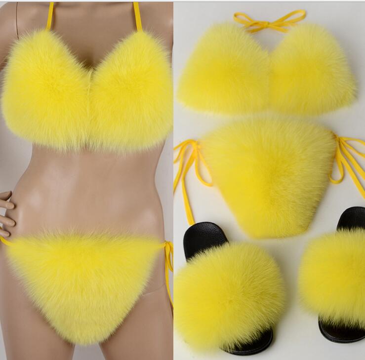 Sexy Fur Underwear Bikini Swimsuit color Purse Women Fox Wholesale Slides Real Furry Slippers