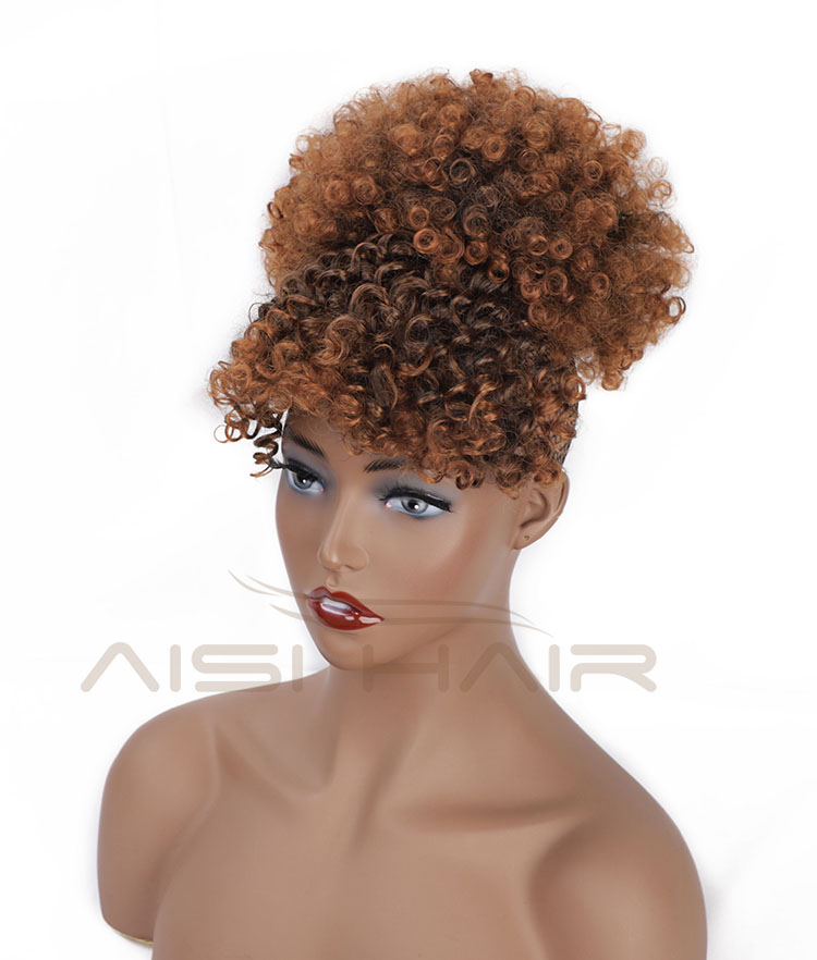 Aisi Hair New Design Kinky Curly Puff Brown Color Hair Bun With Bangs Afro Short Curly Synthetic Hair Extension For Black Women