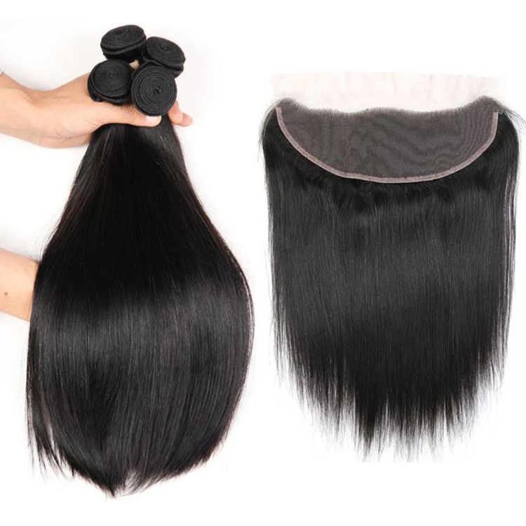 Brazilian Virgin Straight Hair Pre Plucked Long Deep Parting Middle 13x6 Lace Frontal 13 by 6 Size Hair Weave Bundles