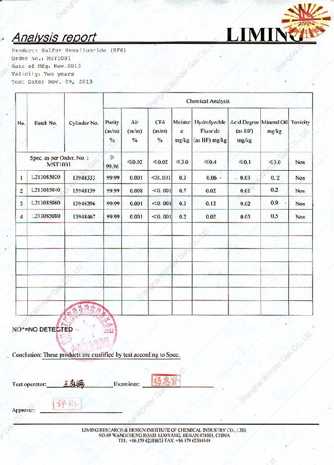 SF6 gas cylinder bottled size and colour