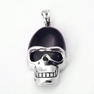 Black Onyx Semi Precious stone Skull Alloy Pendant