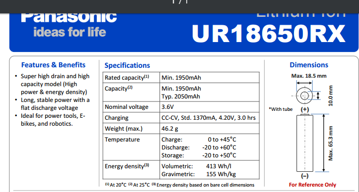 Sanyo 18650 Battery UR RX Speci