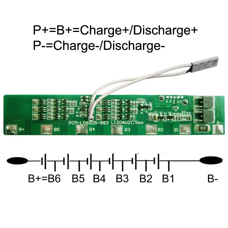 6s 5A PCM BMS for 21.6V 22.2V Li-ion/Lithium/ Li-Polymer 18V 19.2V LiFePO4 Battery Pack Size L120*W21.5*T10mm (PCM-L06S05-B83)