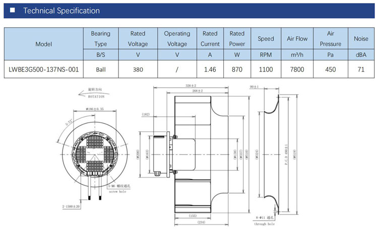 500mm EC Brushless radial blower centrifugal blower fan 3 Phase 380v centrifugal blower for Air purifier ,AHU, ventilating