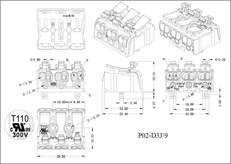 push wire connector 3 poles