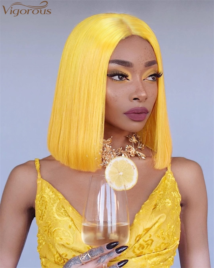 Vigorous Heat Resistant Synthetic Lace Front Wigs Glueless Short Bob Wig Yellow Color Short Straight Bob Wig For Black Women