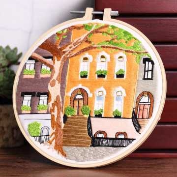 Modern Crewel Embroidery Kit: Landscape Pattern Hoop for Beginners