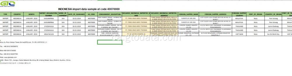 Indonèsia Importa dades a Code 40070000 Fil de cautxú