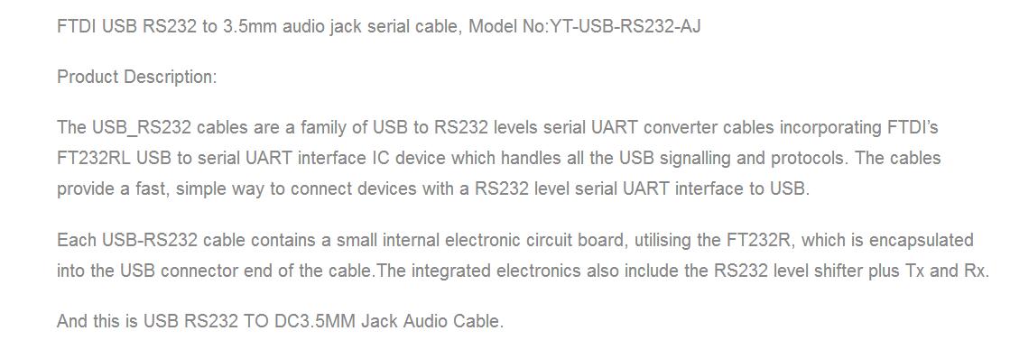 FTDI TTL RS 232  PL2303 USB To DC 3.5 Jack  Cable For Series  UART Interface Hardware Software