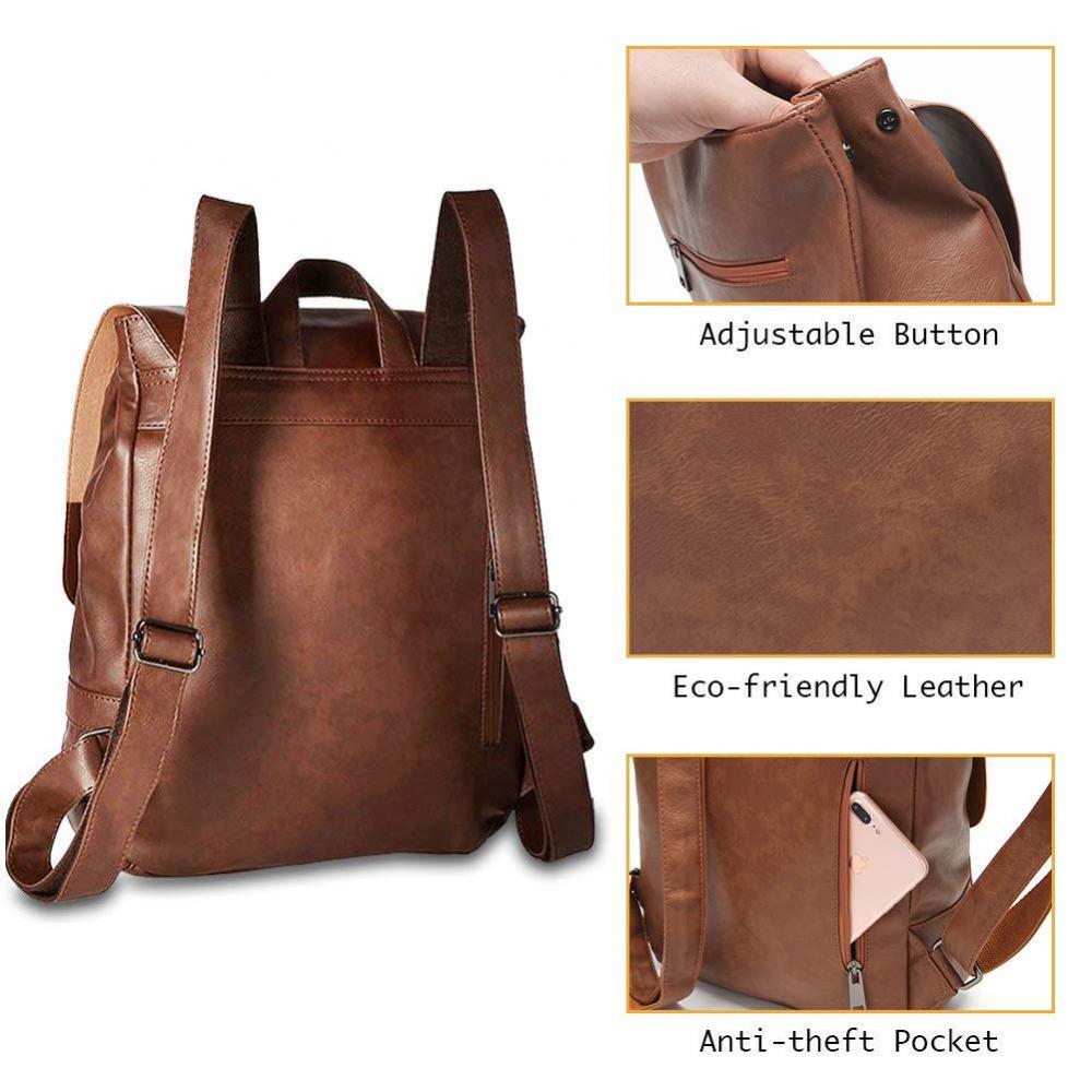 Vegan Leather Backpack Vintage Laptop Bookbag for Women Men, Brown Faux Leather Purse College School Weekend Travel Daypack