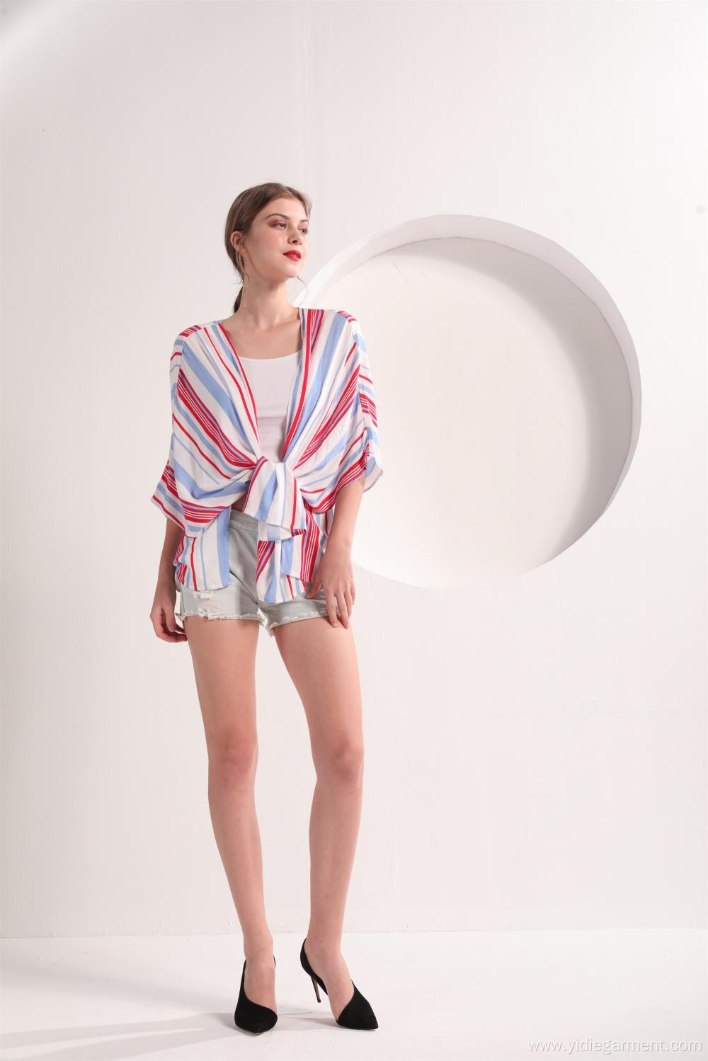 Open Front Stripe Short Sleeve Kimono