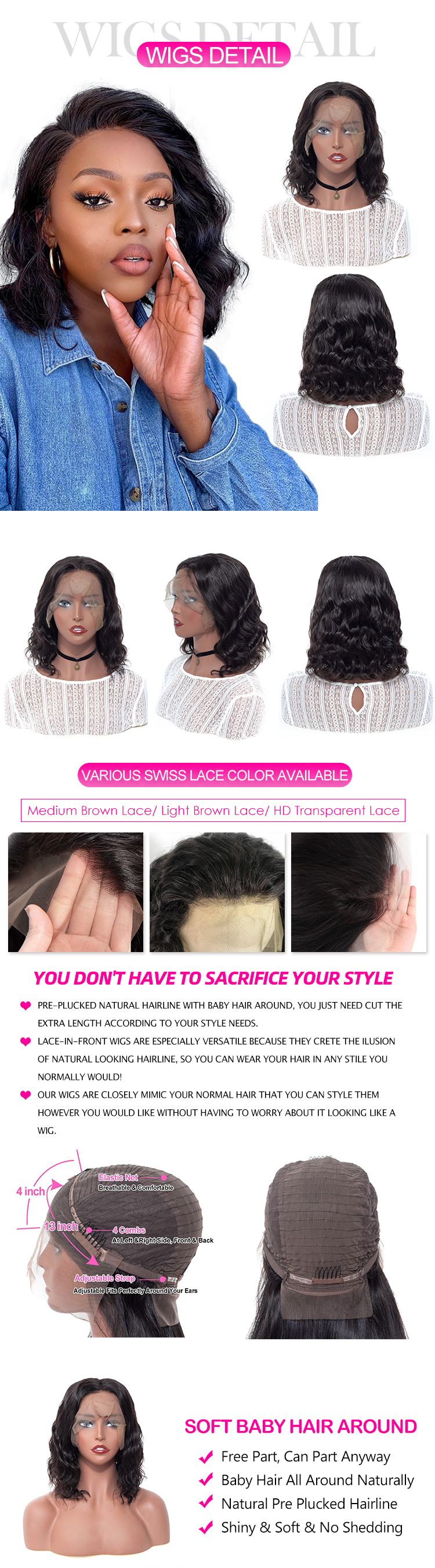 UBOSS 100% Brazilian Short Hair For Black Woman Human Bob 13X6 Pre Plucked Lace Front Malaysian Body Wave Transparent Lace Wig