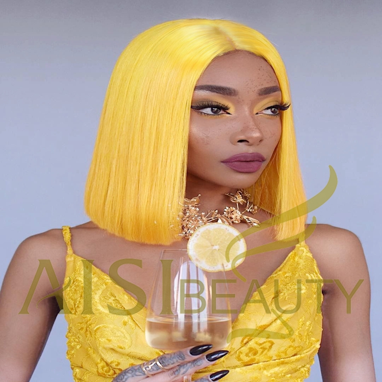 Aisi Beauty Hot Selling Supplier Shoulder Length Silky Straight Middle Part Yellow Synthetic Hair For Black Women Lace Front Wig