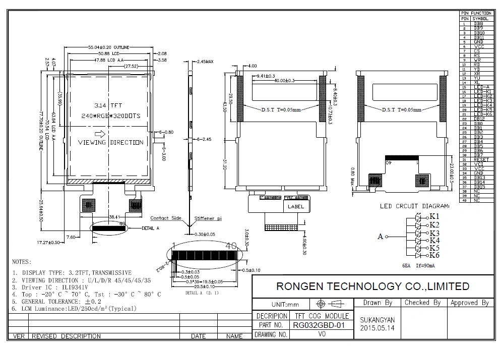 Ronen 3.2 Inch 320X240 TFT LCD Display with Parallel RGB
