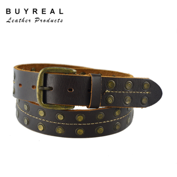 Genuine Leather Belt Double Row Rivet, Formal Real Leather Belt