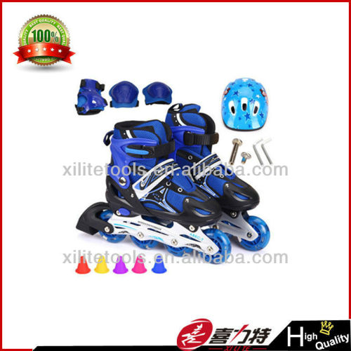 roller skates with pads helmets and tools