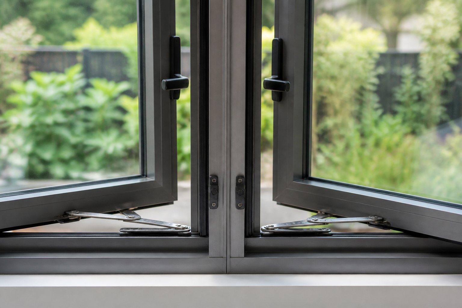 Double casement window meeting stile and hardware Close-up of twin aluminium casement sashes, meeting stile, handles and friction stays