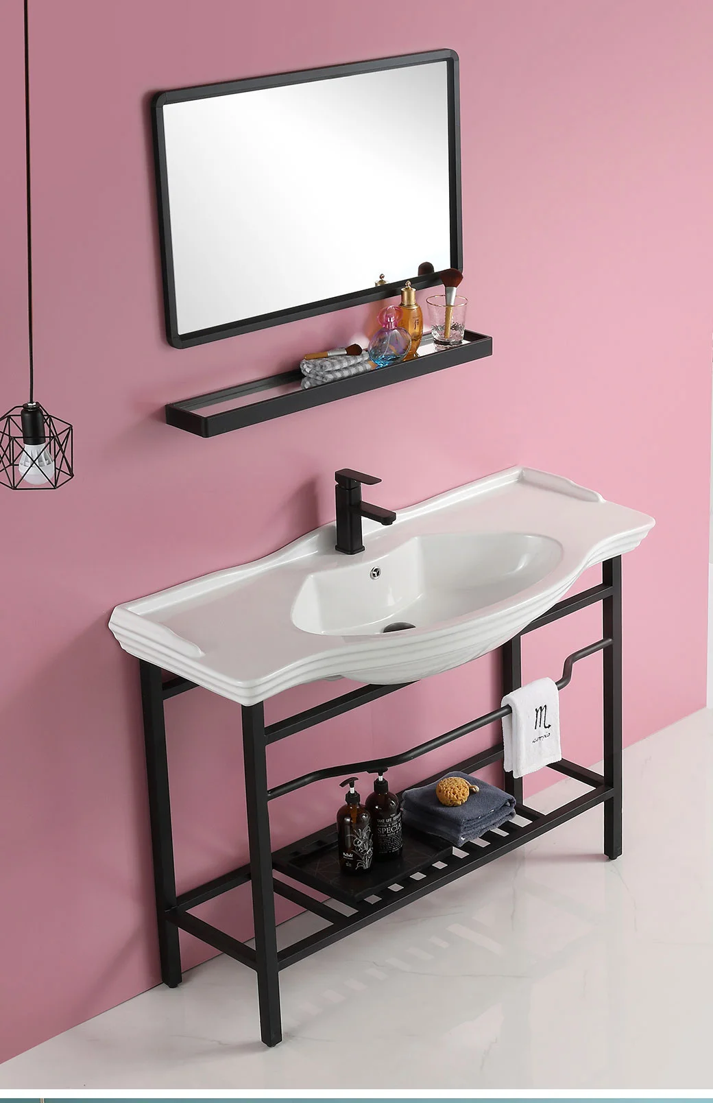 Ceramic Curved Belly One-Piece Ceramic Basin Wash Hand Wash Face Bathroom Bathroom Cabinet Basin Black Stainless Steel Bracket