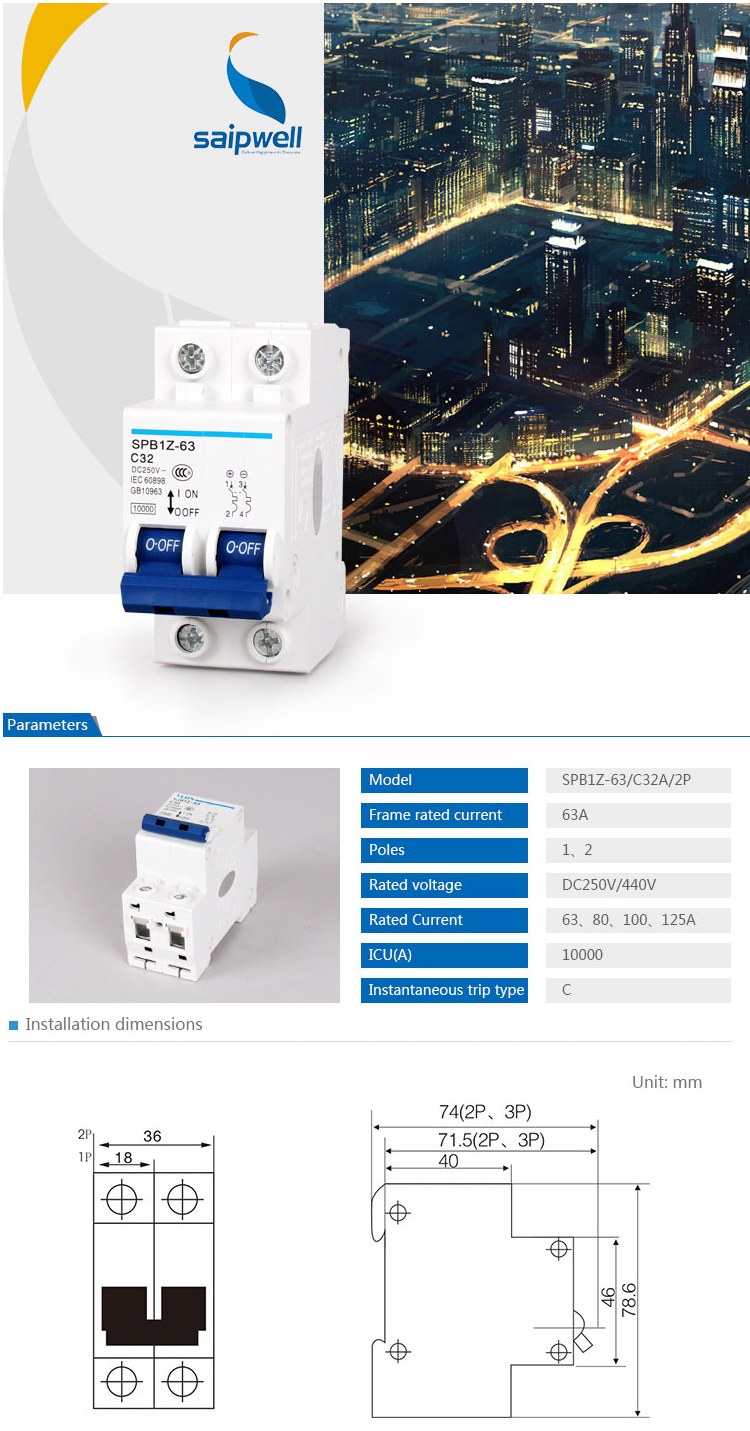 SAIP/SAIPWELL Hot Selling 2 Poles 63AElectrical DC Explosion-proof Circuit Breaker