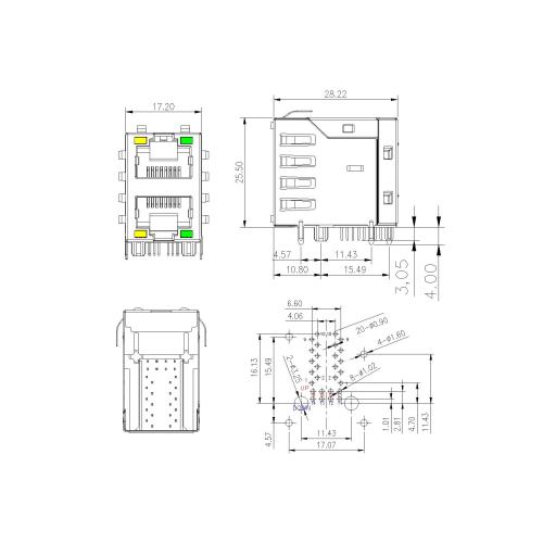 RJ45 2X1 PORT WITH LED WITHOUT EMI POE