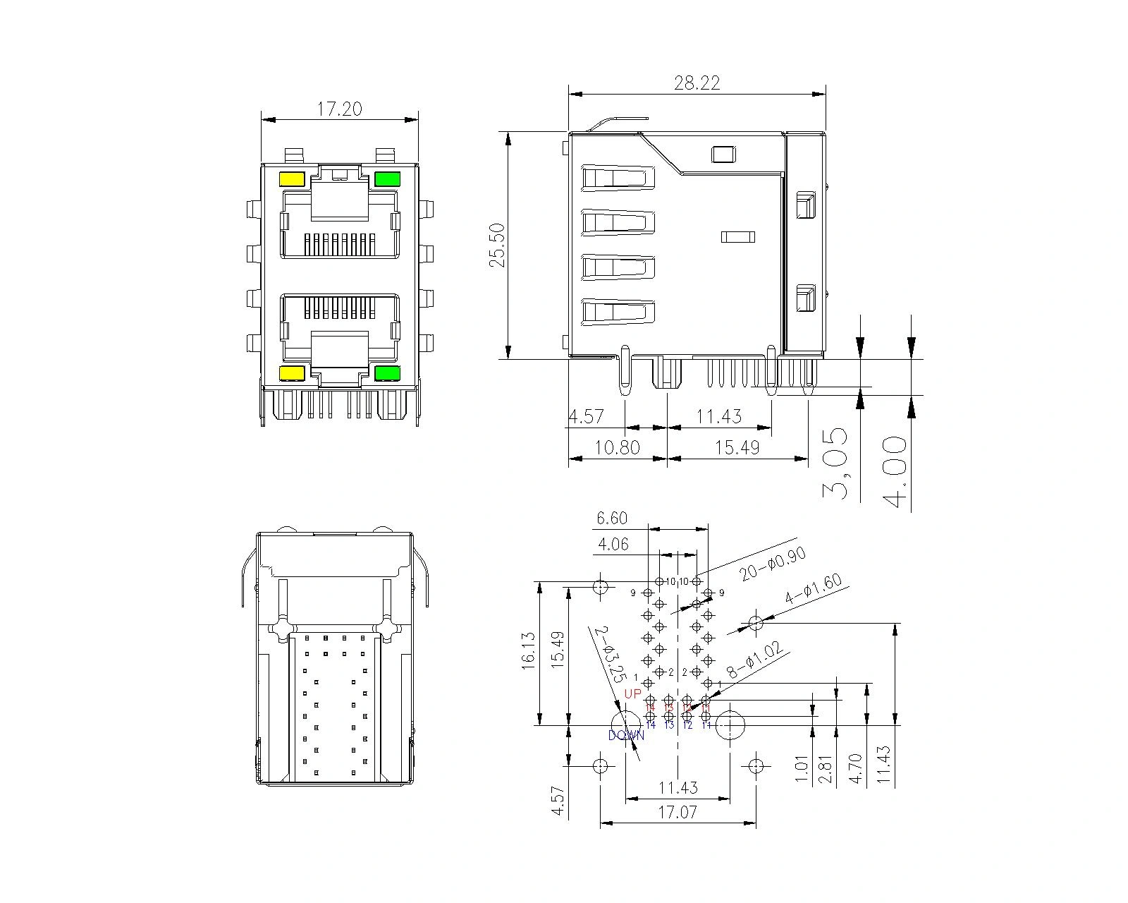 중국 emi poe없이 LED가있는 RJ45 2x1 포트 제조업체