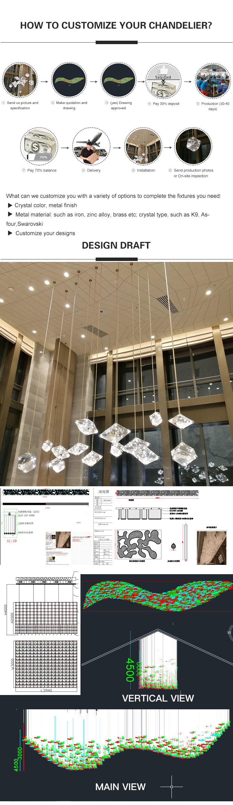 One-stop custom design glass crystal modern customizable big project chandelier pendant lamp