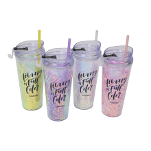 Hot Selling Glitter Double Walled Color Changing Coffee Cups with Lids and Straws