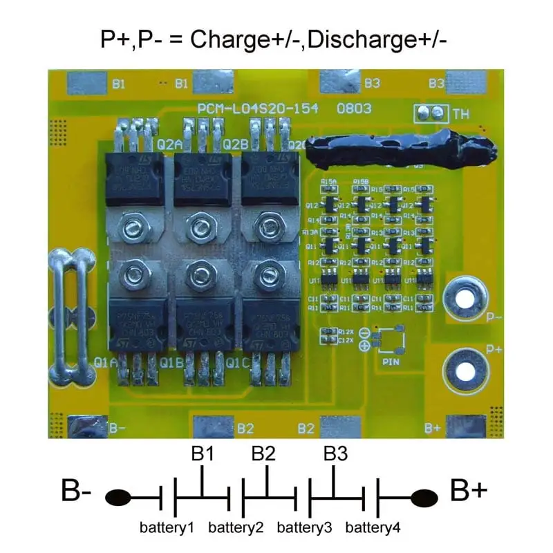 4s 15A PCM BMS for 14.4V 14.8V Li-ion/Lithium/ Li-Polymer 12V 12.8V LiFePO4 Battery Pack Size L88*W65*T9mm (PCM-L04S20-154)