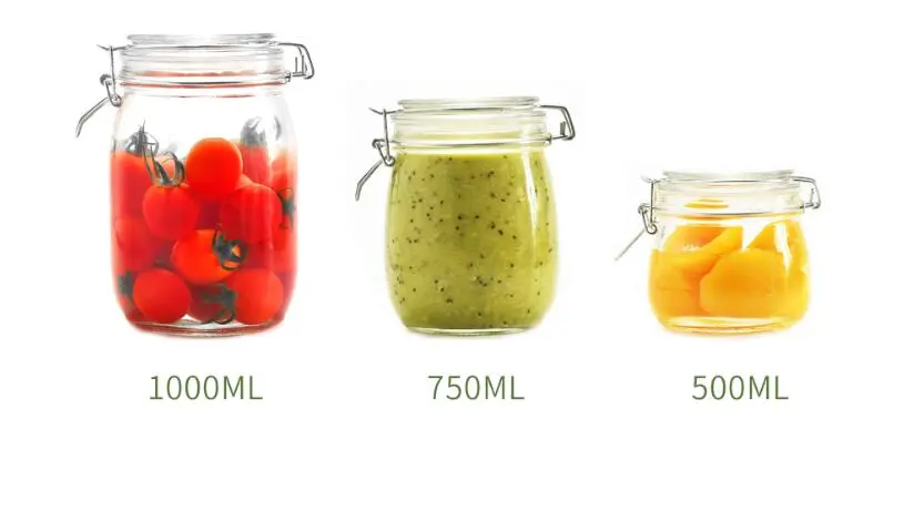 Hot Sell 500ml 1000ml Roun Shape Airtight Glass Pickles Jars Stainless Clip and Glass Lids, Glass Jam Jar