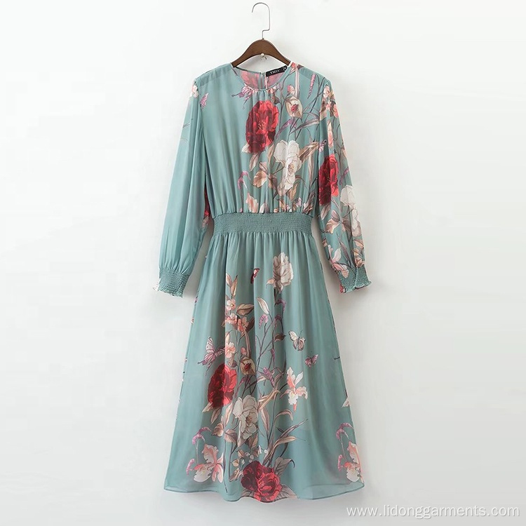 Chiffon Floral Flower Print Vertical Long Sleeve Dress