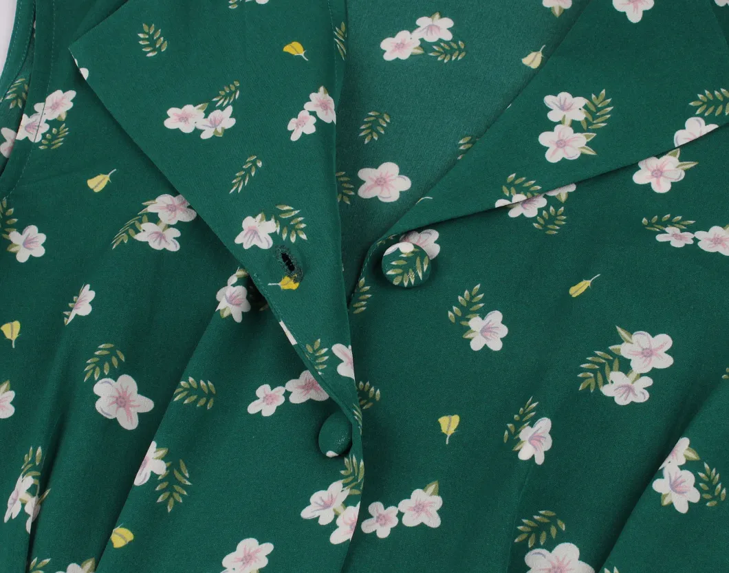 Women Summer New Lapel MID-Length Skirt Floral Sleeveless Dress