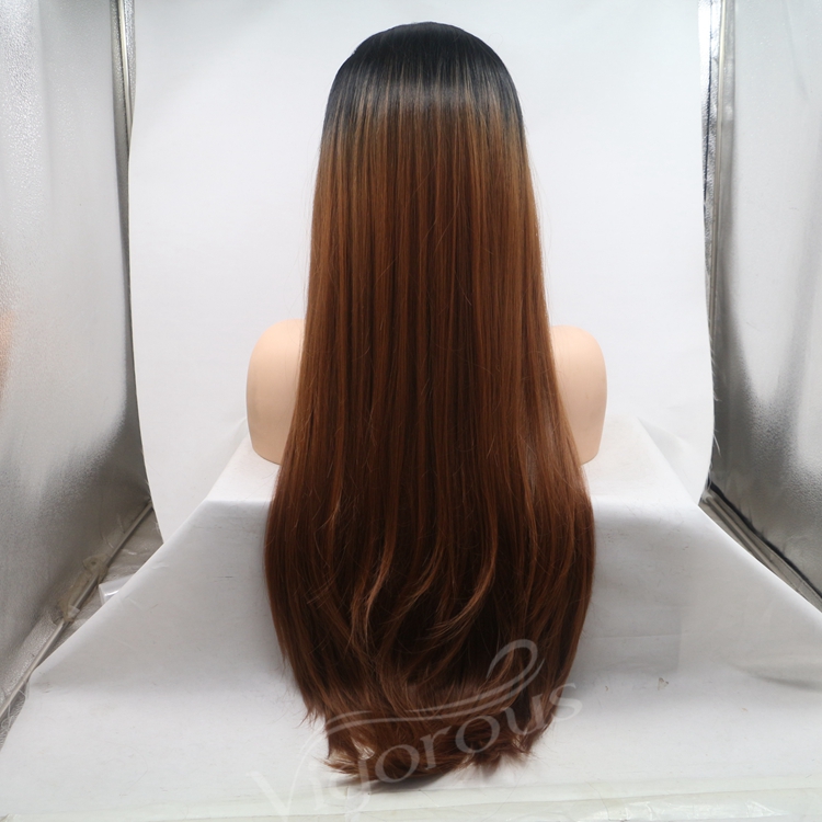 Vigorous brown ombre long straight premium high quality wholesale black women synthetic hair wigs with lace front
