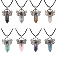 Gemstone Hexagonal Pillar Silver Dragonfly Pendant Necklace 45cm Black Cord