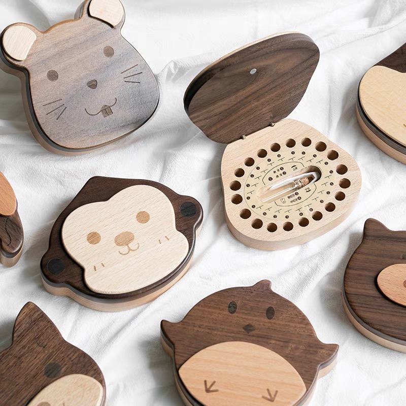 Holz Kinder Baby Zahnbox Organizer Milchzähne Wooden Kids Baby Tooth Box Organizer Milk Teeth