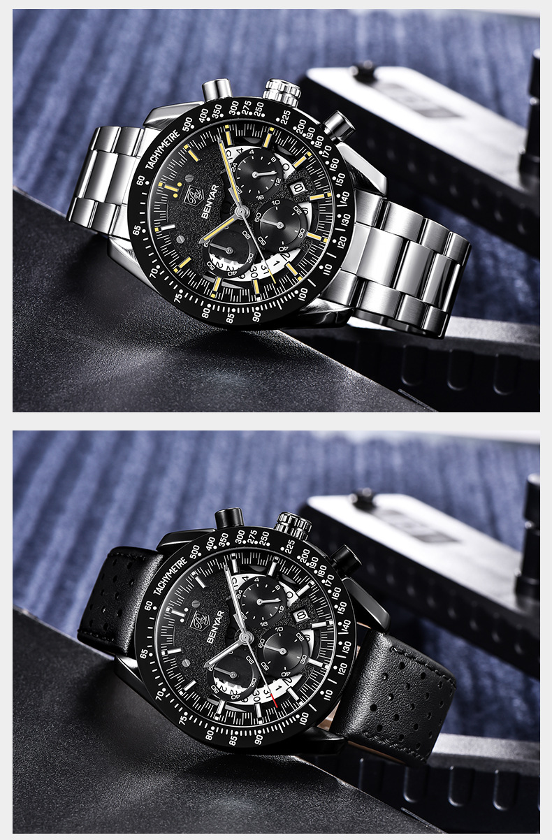 BENYAR Watch Luxury Brand Wristwatch Casual Fashion Men Quartz Watch Chronograph Luxury Military Leather Watch Relogio Masculino