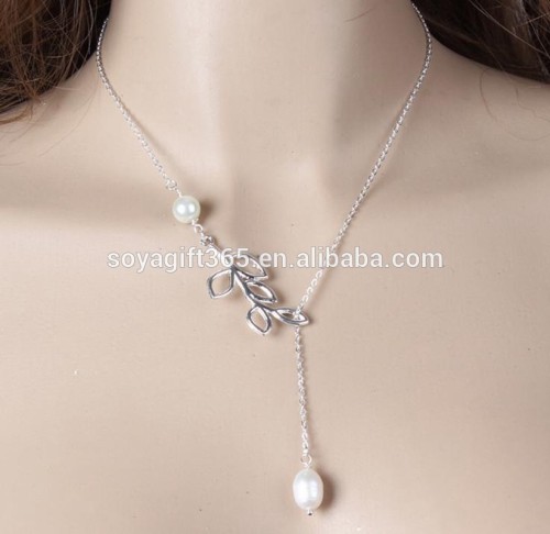 Simple Pearl Necklace Silver Plated Leaves Personality Lariat Pendant Necklace