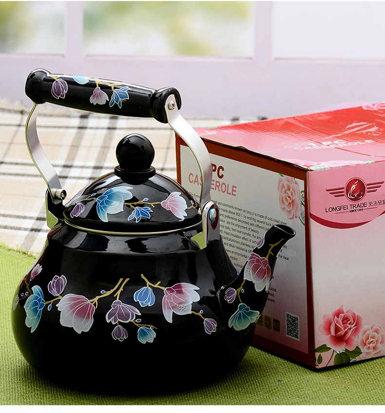 Good Quality Black Flower Decale Tea Pot Pear Shape Enamel Kettle