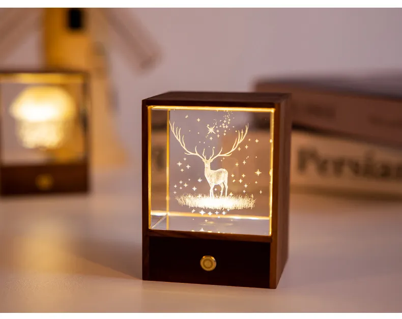 Enchanted Wooden Night Light Box with Radiant Crystal Sphere