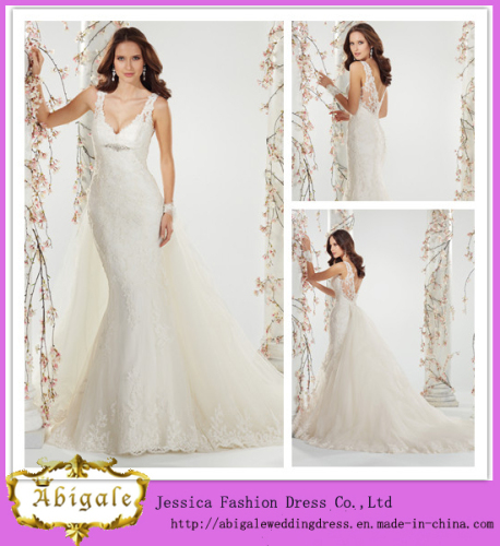 2014 Latest Fashion Elegant White Mermaid V Neck V Back Sheer Straps Long Detachable Train Wedding Dress Lace (MN1336)