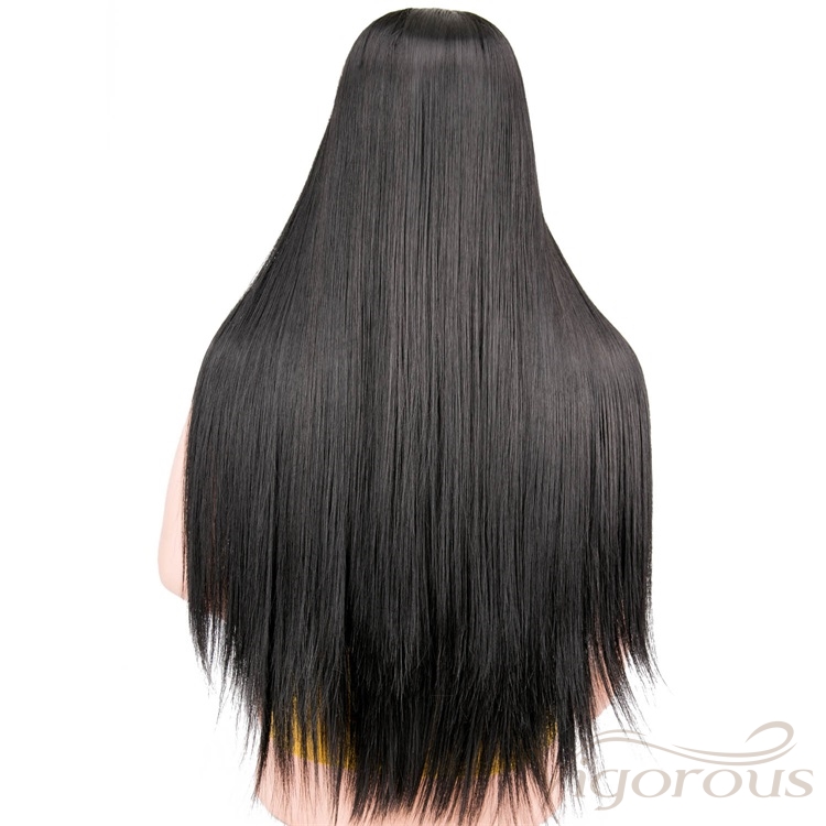 Vigorous Good Quality Silky Long Straight Heat Resistant Lace Front For Women Middle Part Black Synthetic Wig