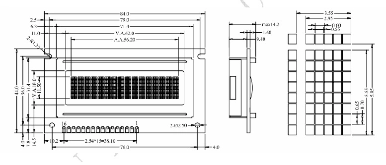 FSTN 2.5inch LCD Display 16 X 2 Resolution LCD Screen