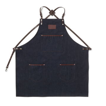 Barista apron, denim bib apron with criss cross leather straps for men