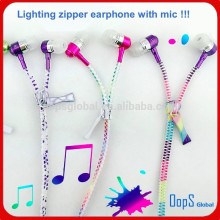 High quality colorful lighting metal earphone, earphone with mic,zipper earphone