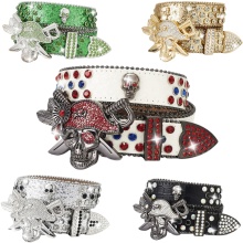 Factory Customized Diamond Shinning Belt Pirate Buckle Crystal Punk Fashion Belt for Cowboy Cowgirl